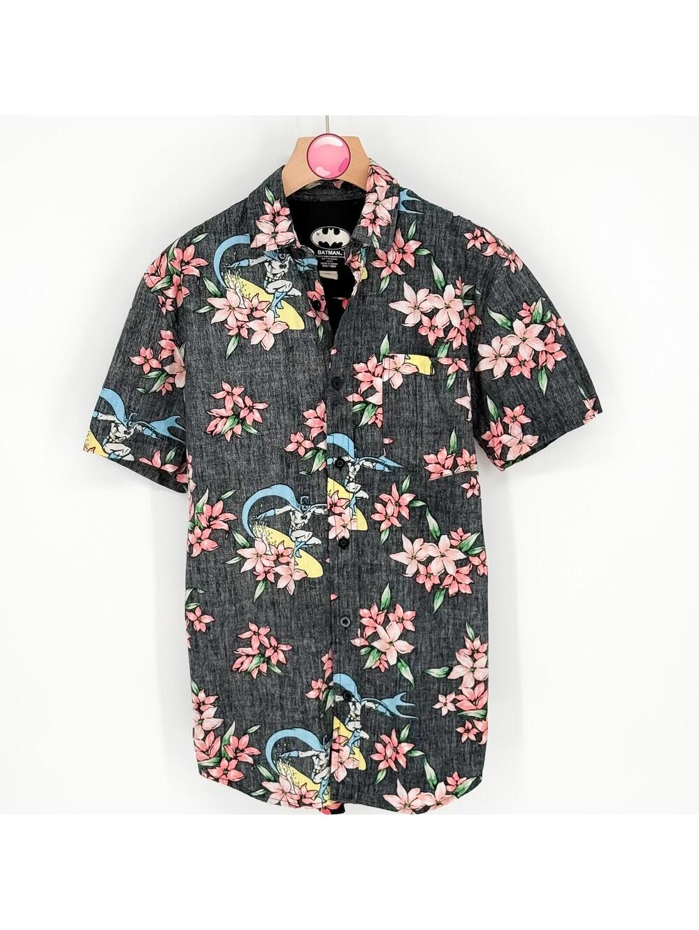 Batman Hawaiian Shirt Geek Core Floral Surf Reverse Print Button Mens Small